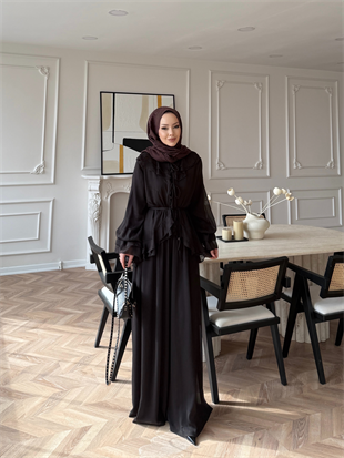 Ghalia Şifon Pantolonlu Takım Acı Kahve 