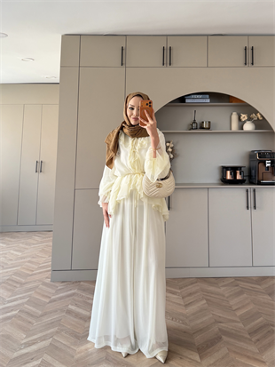 Ghalia Şifon Pantolonlu Takım Ekru (8218)