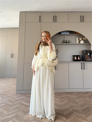 Ghalia Şifon Pantolonlu Takım Ekru (8218)