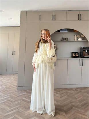 Ghalia Şifon Pantolonlu Takım Ekru (8218)