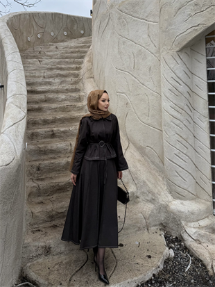 Gina Kollar Fermuarlı Kot Etekli Takım Kahve (4407)