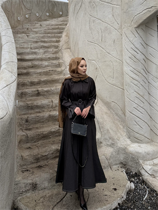 Gina Kollar Fermuarlı Kot Etekli Takım Kahve (4407)