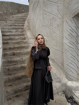 Gina Kollar Fermuarlı Kot Etekli Takım Kahve (4407)