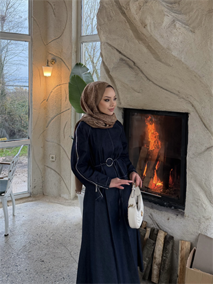 Gina Kollar Fermuarlı Kot Etekli Takım Lacivert (4407)