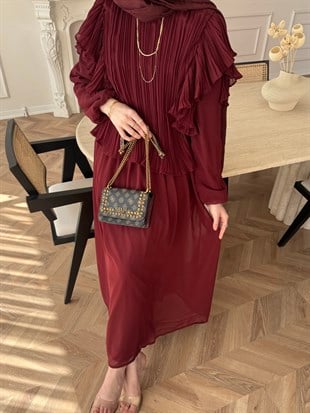 Gizia Fırfırlı Şifon Etekli Takım Bordo (5727)