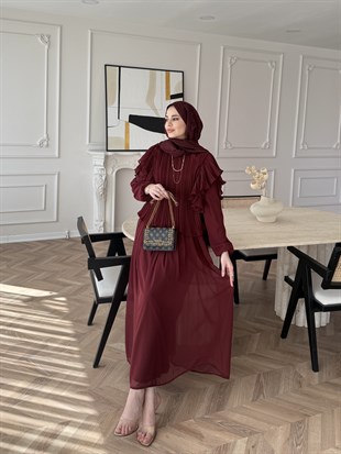Gizia Fırfırlı Şifon Etekli Takım Bordo (5727)