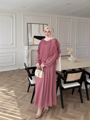 Gizia Fırfırlı Şifon Etekli Takım Gül Kurusu (5727)