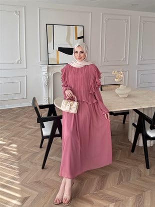 Gizia Fırfırlı Şifon Etekli Takım Gül Kurusu (5727)