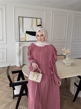 Gizia Fırfırlı Şifon Etekli Takım Gül Kurusu (5727)