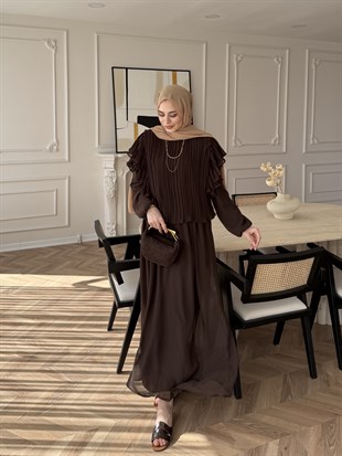 Gizia Fırfırlı Şifon Etekli Takım Kahve (5727)