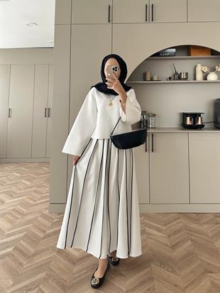 Grayle Biye Detaylı Scuba Etekli Takım Ekru