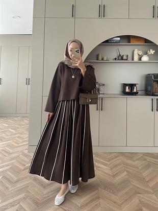 Grayle Biye Detaylı Scuba Etekli Takım Kahve