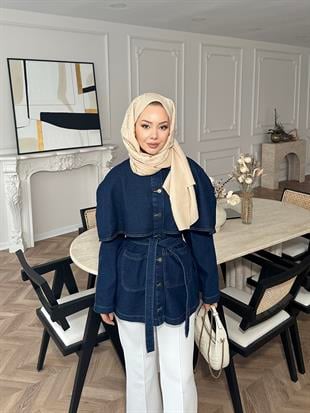 Pelerinli Kot Ceket Mavi