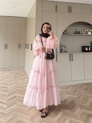 Halter Tül Elbise Pembe (4475)