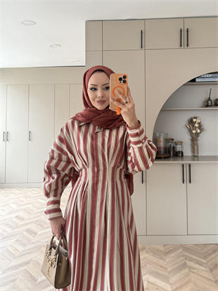 Heidi Çizgili Gömlek Elbise Turuncu (2326)