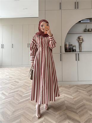 Heidi Çizgili Gömlek Elbise Turuncu (2326)