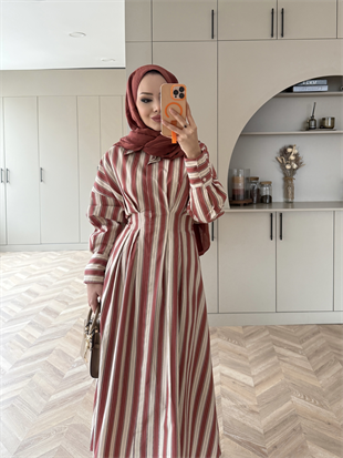 Heidi Çizgili Gömlek Elbise Turuncu (2326)