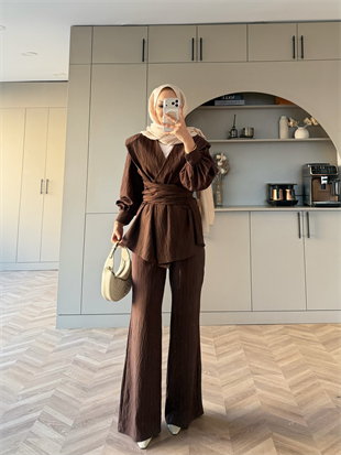 Helena Modal Gofre Pantolonlu Takım Kahve (8016)