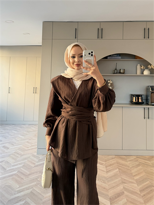 Helena Modal Gofre Pantolonlu Takım Kahve (8016)