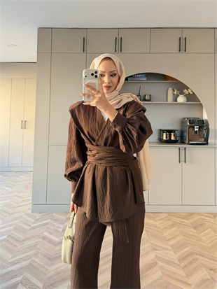 Helena Modal Gofre Pantolonlu Takım Kahve (8016)