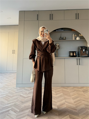 Helena Modal Gofre Pantolonlu Takım Kahve (8016)