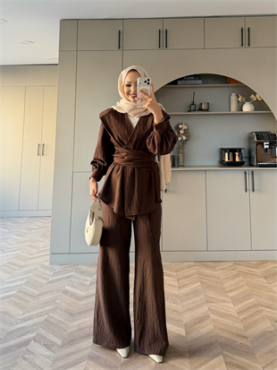 Helena Modal Gofre Pantolonlu Takım Kahve (8016)