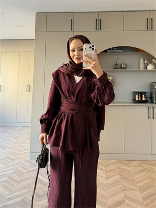 Helena Modal Gofre Pantolonlu Takım Mürdüm (8016)