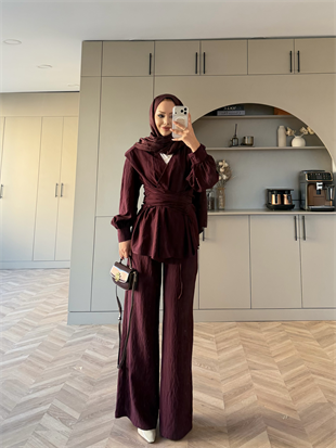 Helena Modal Gofre Pantolonlu Takım Mürdüm (8016)