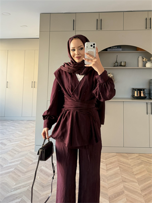 Helena Modal Gofre Pantolonlu Takım Mürdüm (8016)