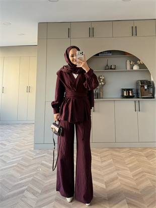 Helena Modal Gofre Pantolonlu Takım Mürdüm (8016)