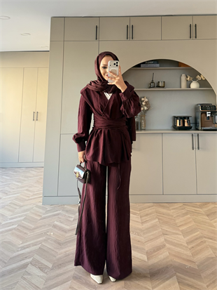 Helena Modal Gofre Pantolonlu Takım Mürdüm (8016)