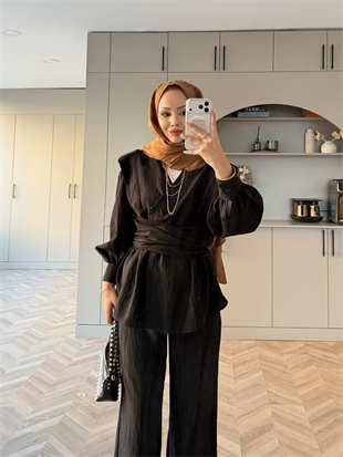 Helena Modal Gofre Pantolonlu Takım Siyah (8016)