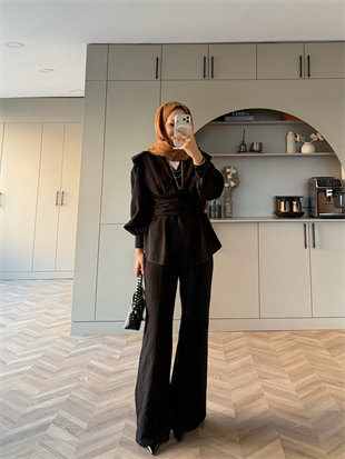 Helena Modal Gofre Pantolonlu Takım Siyah (8016)