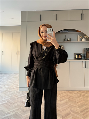 Helena Modal Gofre Pantolonlu Takım Siyah (8016)