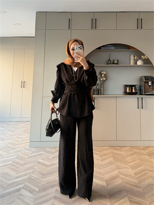 Helena Modal Gofre Pantolonlu Takım Siyah (8016)