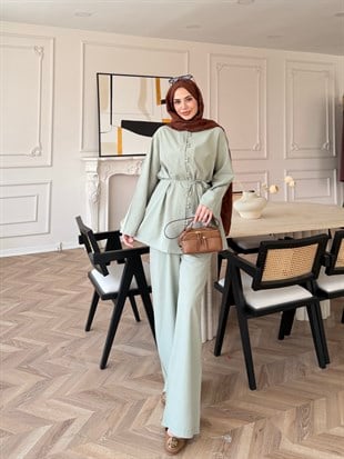 Helin Düğme Detaylı Pantolonlu Takım Su Yeşili (4512)