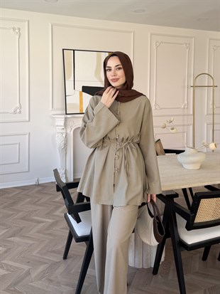 Helin Düğme Detaylı Pantolonlu Takım Vizon (4512)