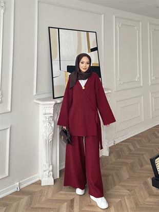 Herme Angora Pantolonlu Takım Bordo