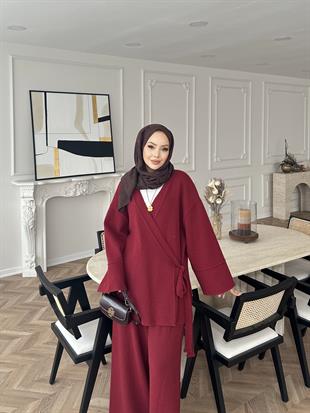 Herme Angora Pantolonlu Takım Bordo