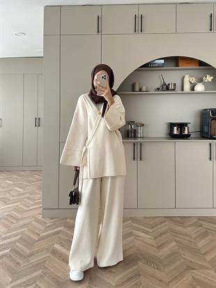 Herme Angora Pantolonlu Takım Ekru