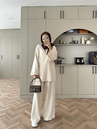 Herme Angora Pantolonlu Takım Ekru