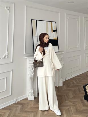 Herme Angora Pantolonlu Takım Ekru