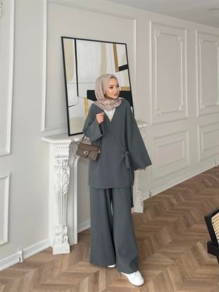 Herme Angora Pantolonlu Takım Gri