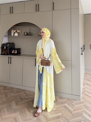 Hint Desen Şallı Kimono/Abaya ButterYellow (1082)