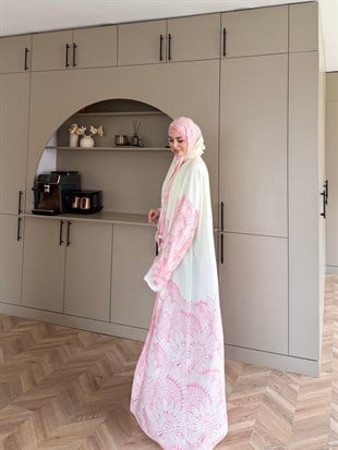 Hint Desen Şallı Kimono/Abaya Pembe (1082)