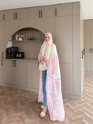 Hint Desen Şallı Kimono/Abaya Pembe (1082)