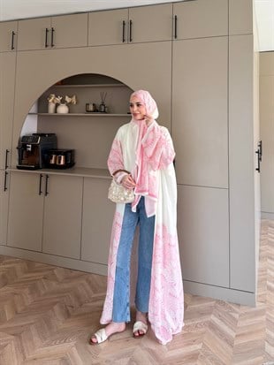 Hint Desen Şallı Kimono/Abaya Pembe (1082)