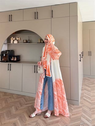 Hint Desen Şallı Kimono/Abaya Turuncu (1082)