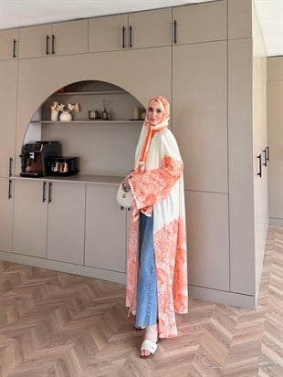 Hint Desen Şallı Kimono/Abaya Turuncu (1082)