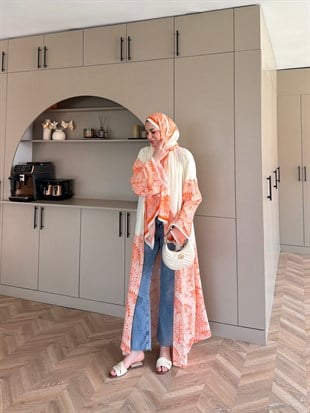Hint Desen Şallı Kimono/Abaya Turuncu (1082)